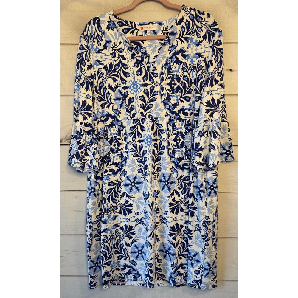Jude Connally Blue White Floral Damask Bell Sleeve V-Neck Shift Dress Medium